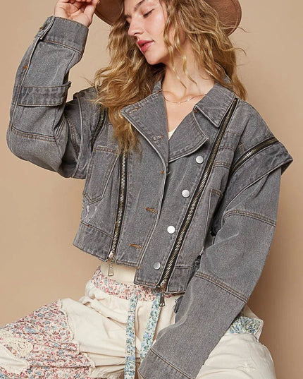 POL Cropped Denim Jacket with Functional Zipper Detail - THE AMERICAN BLUE
