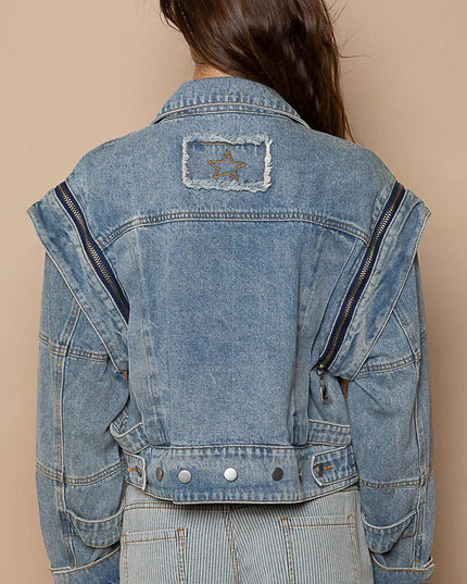 POL Cropped Denim Jacket with Functional Zipper Detail - THE AMERICAN BLUE