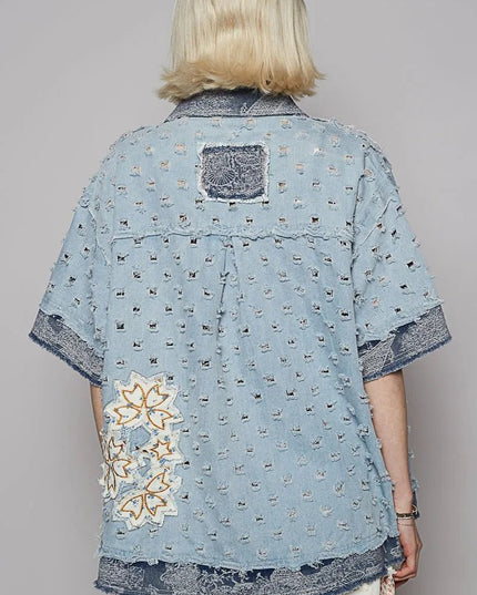 POL Distressed Button Up Half Sleeve Denim Shirt - THE AMERICAN BLUE