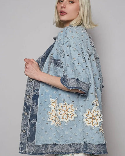 POL Distressed Button Up Half Sleeve Denim Shirt - THE AMERICAN BLUE