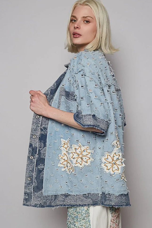 POL Distressed Button Up Half Sleeve Denim Shirt - THE AMERICAN BLUE