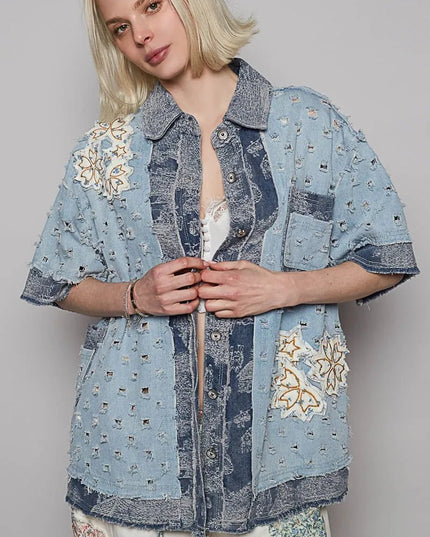 POL Distressed Button Up Half Sleeve Denim Shirt - THE AMERICAN BLUE