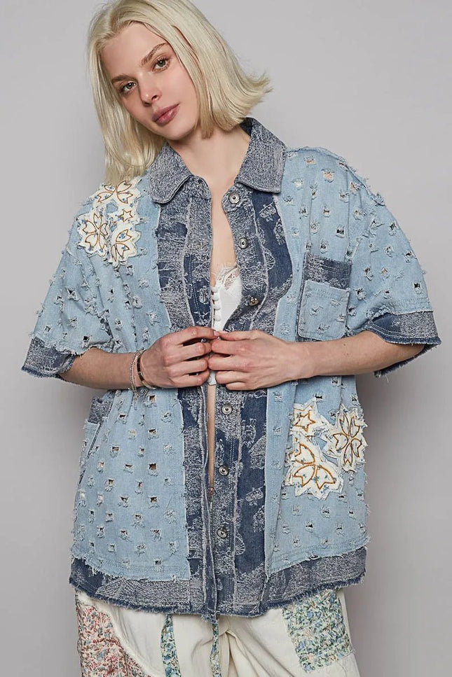 POL Distressed Button Up Half Sleeve Denim Shirt - THE AMERICAN BLUE