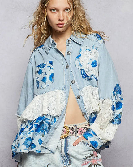 POL Floral Patchwork Denim Shirt with Lace Trim Details - THE AMERICAN BLUE