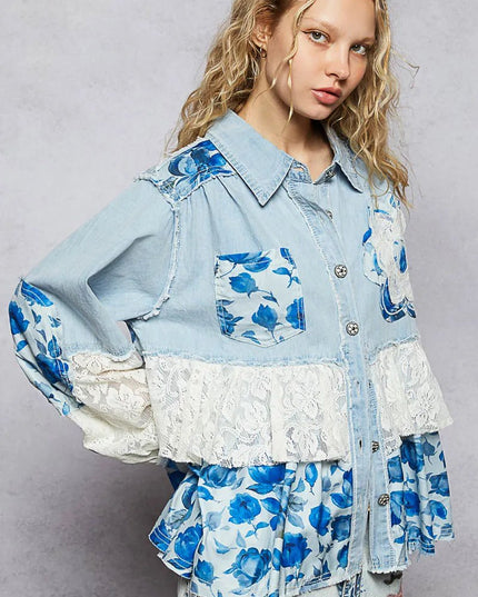 POL Floral Patchwork Denim Shirt with Lace Trim Details - THE AMERICAN BLUE