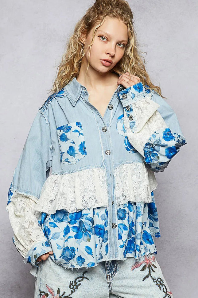 POL Floral Patchwork Denim Shirt with Lace Trim Details - THE AMERICAN BLUE