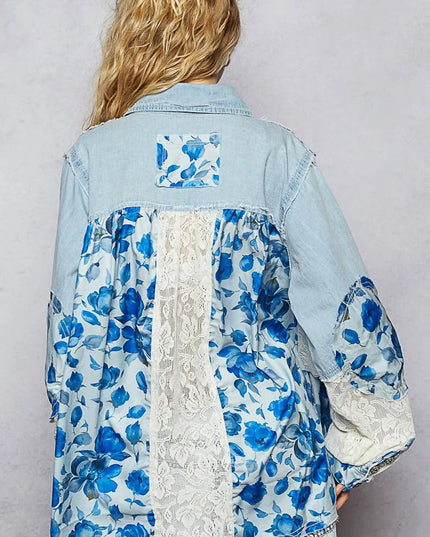 POL Floral Patchwork Denim Shirt with Lace Trim Details - THE AMERICAN BLUE