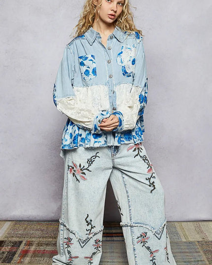 POL Floral Patchwork Denim Shirt with Lace Trim Details - THE AMERICAN BLUE