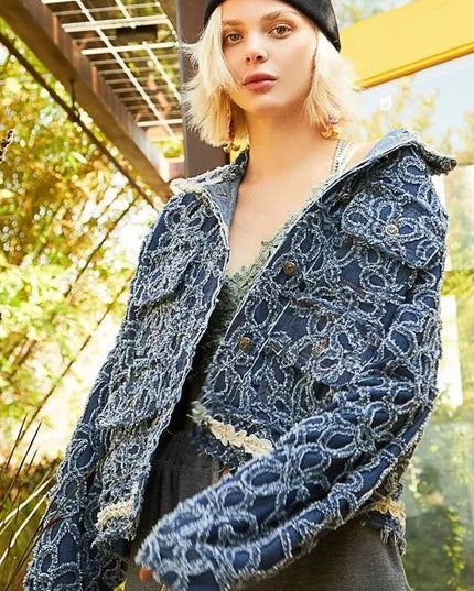 POL Flower Textured Raw Hem Long Sleeve Denim Jacket - THE AMERICAN BLUE