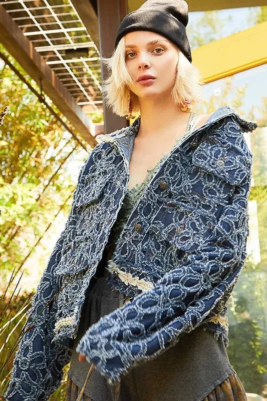POL Flower Textured Raw Hem Long Sleeve Denim Jacket - THE AMERICAN BLUE