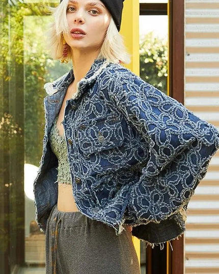 POL Flower Textured Raw Hem Long Sleeve Denim Jacket - THE AMERICAN BLUE