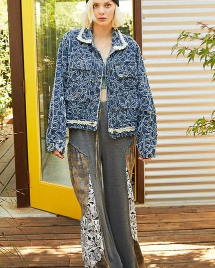 POL Flower Textured Raw Hem Long Sleeve Denim Jacket - THE AMERICAN BLUE