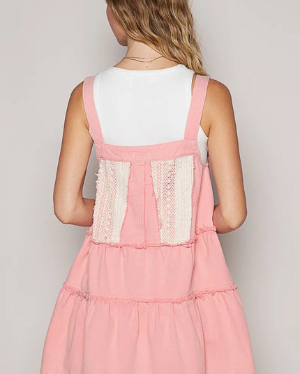 POL Lace Patchwork Detail Denim Overall Dress - THE AMERICAN BLUE