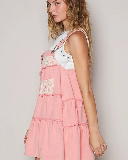 POL Lace Patchwork Detail Denim Overall Dress - THE AMERICAN BLUE