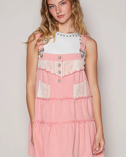 POL Lace Patchwork Detail Denim Overall Dress - THE AMERICAN BLUE