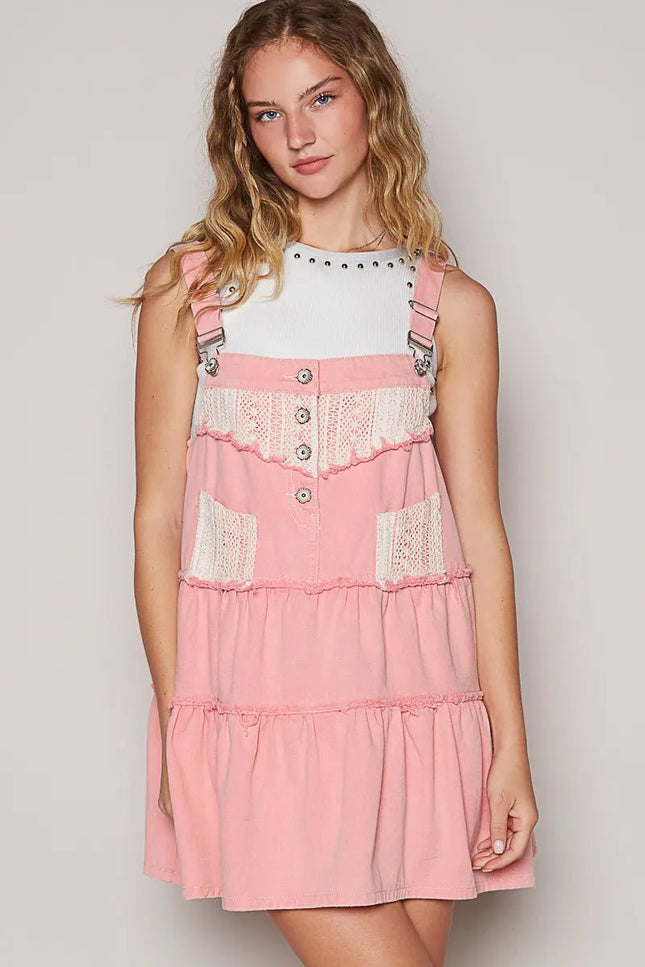 POL Lace Patchwork Detail Denim Overall Dress - THE AMERICAN BLUE