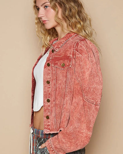 POL Raw Hem Button Up Cropped Denim Jacket - THE AMERICAN BLUE