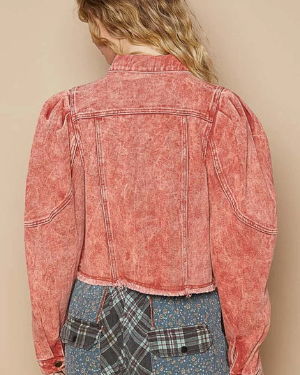 POL Raw Hem Button Up Cropped Denim Jacket - THE AMERICAN BLUE