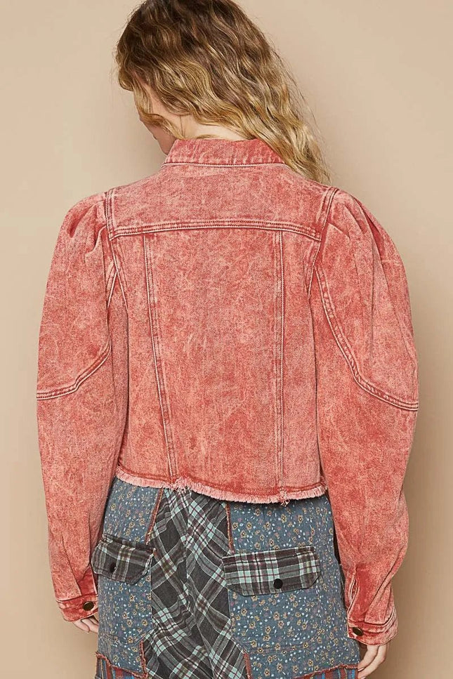 POL Raw Hem Button Up Cropped Denim Jacket - THE AMERICAN BLUE
