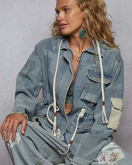 POL Raw Hem Drawstring Zip Up Hooded Denim Jacket - THE AMERICAN BLUE