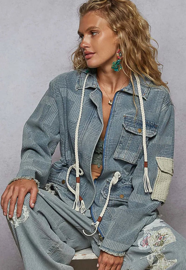 POL Raw Hem Drawstring Zip Up Hooded Denim Jacket - THE AMERICAN BLUE