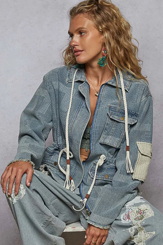 POL Raw Hem Drawstring Zip Up Hooded Denim Jacket - THE AMERICAN BLUE