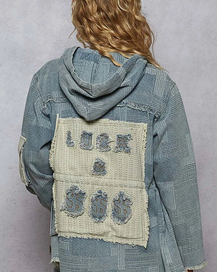POL Raw Hem Drawstring Zip Up Hooded Denim Jacket - THE AMERICAN BLUE
