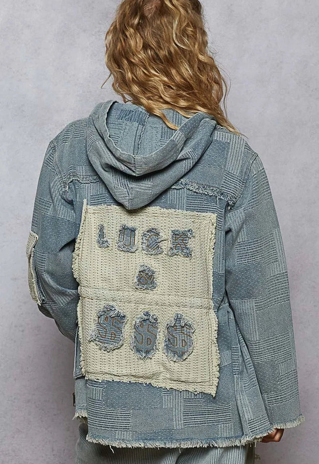 POL Raw Hem Drawstring Zip Up Hooded Denim Jacket - THE AMERICAN BLUE