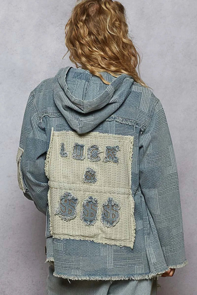 POL Raw Hem Drawstring Zip Up Hooded Denim Jacket - THE AMERICAN BLUE