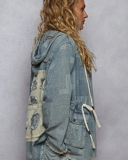 POL Raw Hem Drawstring Zip Up Hooded Denim Jacket - THE AMERICAN BLUE