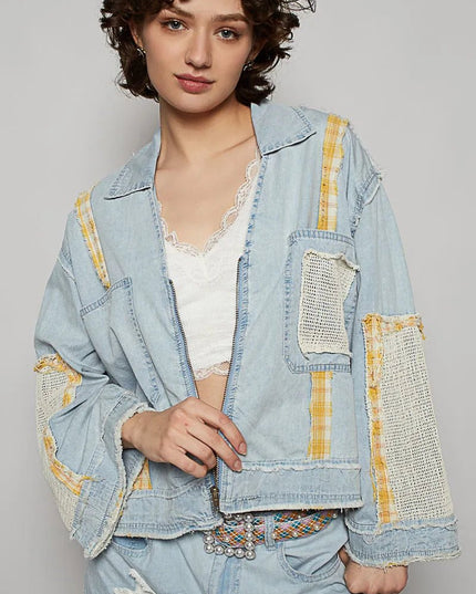 POL Raw Hem Zip Up Denim Jacket with Plaid and Crochet Patch - THE AMERICAN BLUE