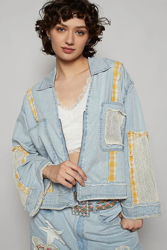POL Raw Hem Zip Up Denim Jacket with Plaid and Crochet Patch - THE AMERICAN BLUE