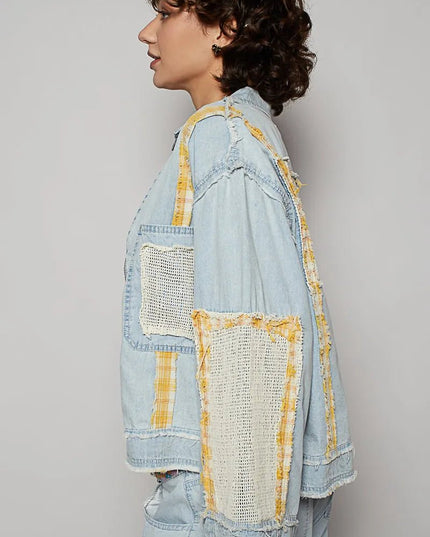 POL Raw Hem Zip Up Denim Jacket with Plaid and Crochet Patch - THE AMERICAN BLUE