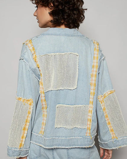 POL Raw Hem Zip Up Denim Jacket with Plaid and Crochet Patch - THE AMERICAN BLUE