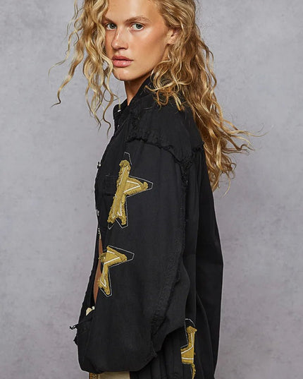 POL Star Patch Raw Hem Button Up Denim Jacket - THE AMERICAN BLUE