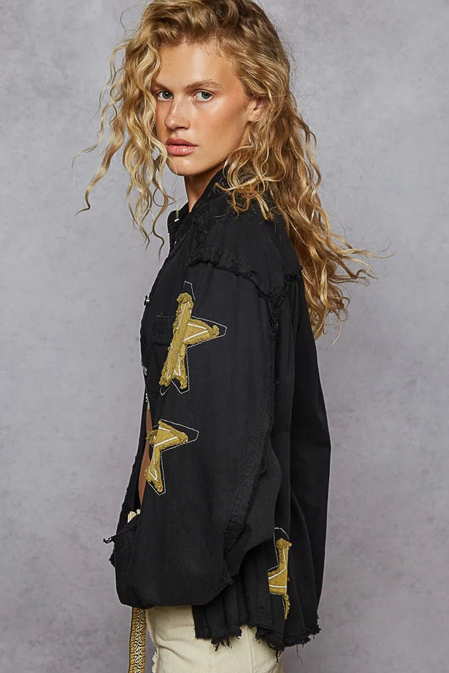 POL Star Patch Raw Hem Button Up Denim Jacket - THE AMERICAN BLUE