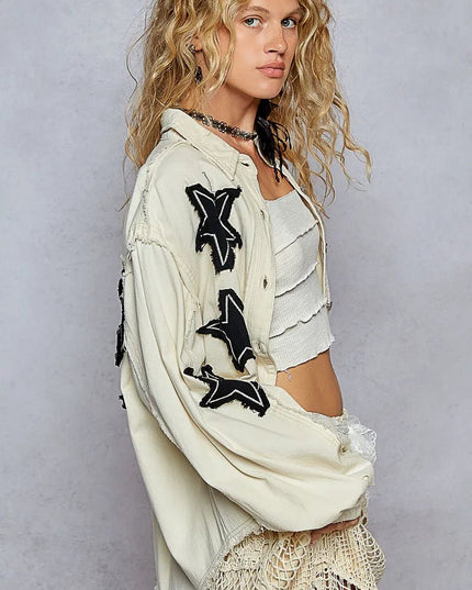 POL Star Patch Raw Hem Button Up Denim Jacket - THE AMERICAN BLUE