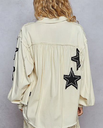 POL Star Patch Raw Hem Button Up Denim Jacket - THE AMERICAN BLUE