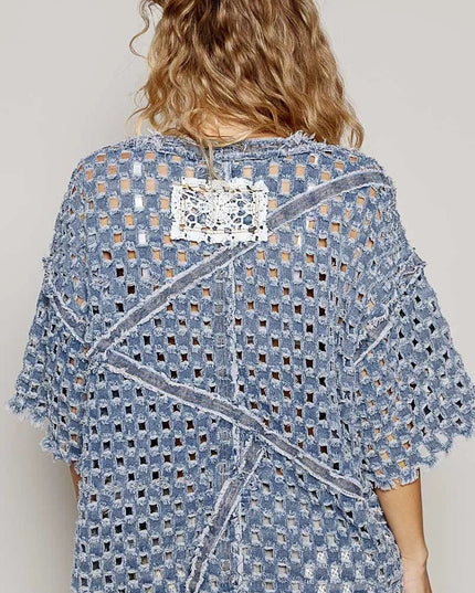 POL V - Neck Short Sleeve Top with Laser Cut Detail - THE AMERICAN BLUE