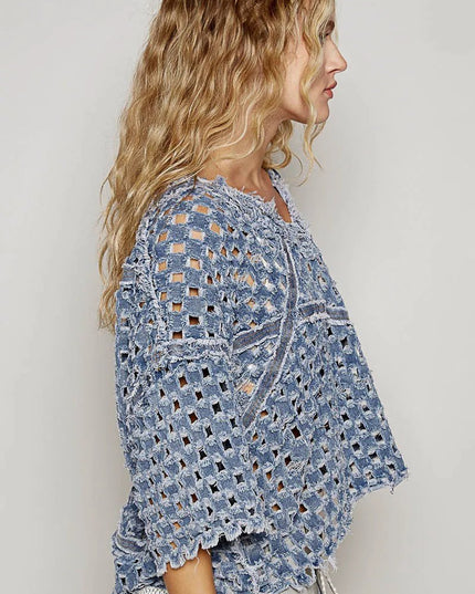 POL V - Neck Short Sleeve Top with Laser Cut Detail - THE AMERICAN BLUE