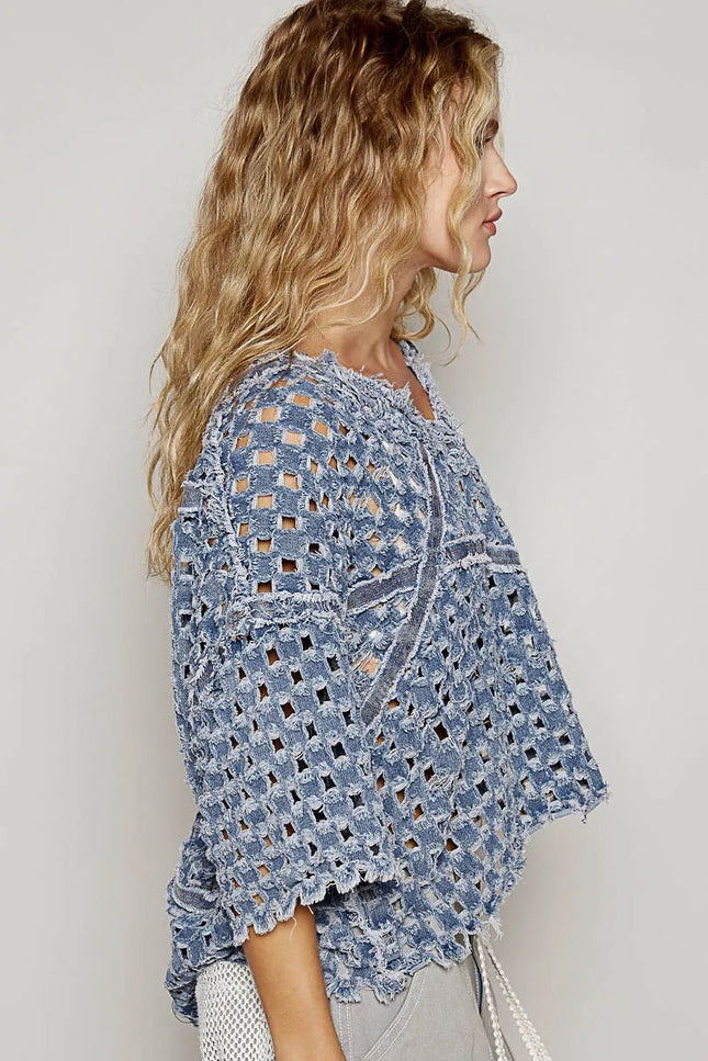 POL V - Neck Short Sleeve Top with Laser Cut Detail - THE AMERICAN BLUE