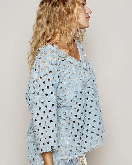POL V - Neck Short Sleeve Top with Laser Cut Detail - THE AMERICAN BLUE