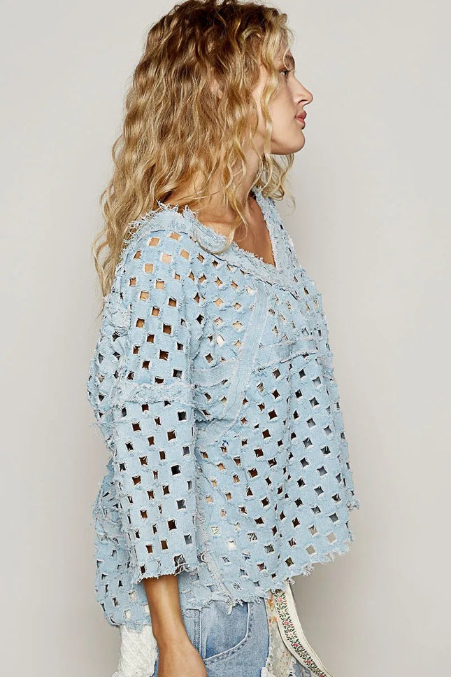 POL V - Neck Short Sleeve Top with Laser Cut Detail - THE AMERICAN BLUE