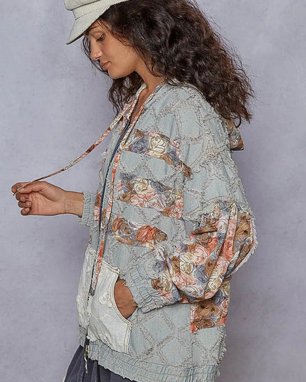 POL Zip Up Floral and Lace Patch Washed Denim Jacket - THE AMERICAN BLUE