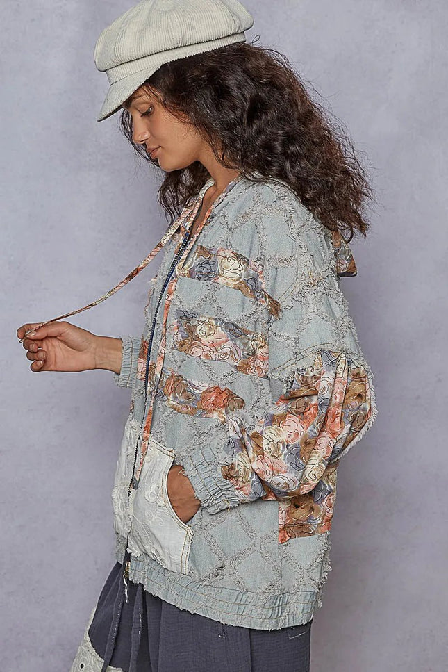 POL Zip Up Floral and Lace Patch Washed Denim Jacket - THE AMERICAN BLUE