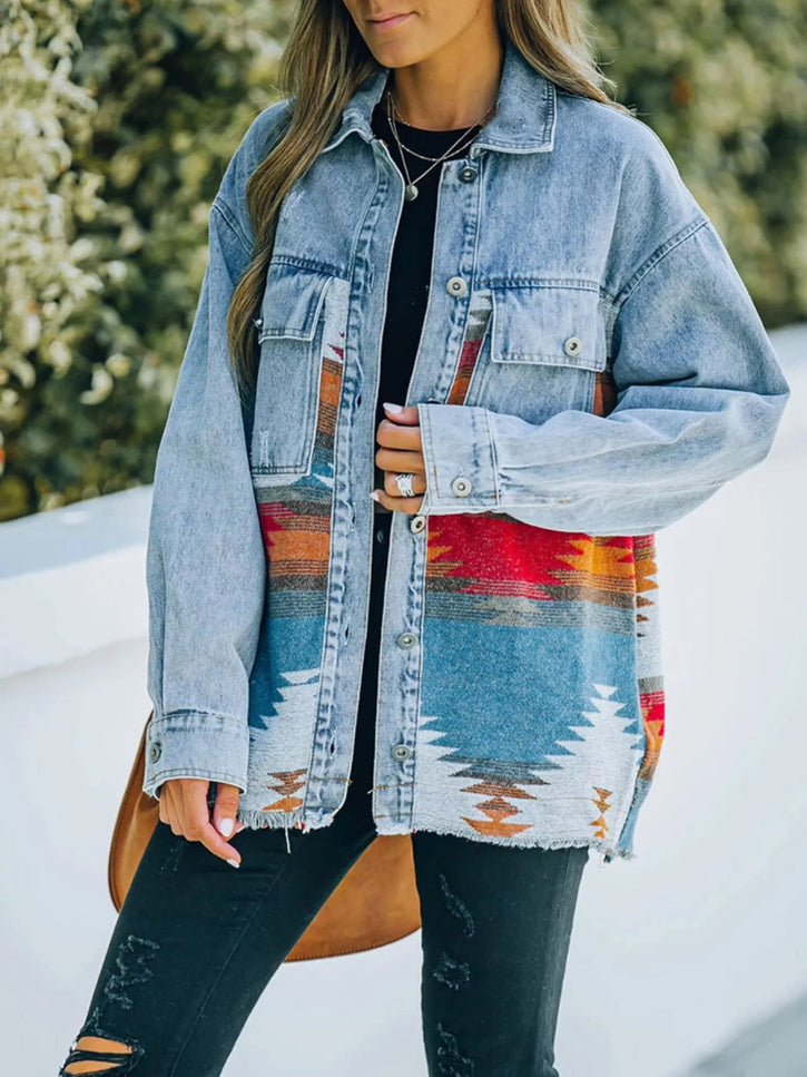Printed Botton Down Long Sleeve Denim Jacket - THE AMERICAN BLUE