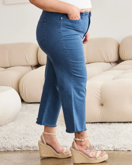 RFM Crop Chloe Full Size Tummy Control High Waist Raw Hem Jeans - THE AMERICAN BLUE