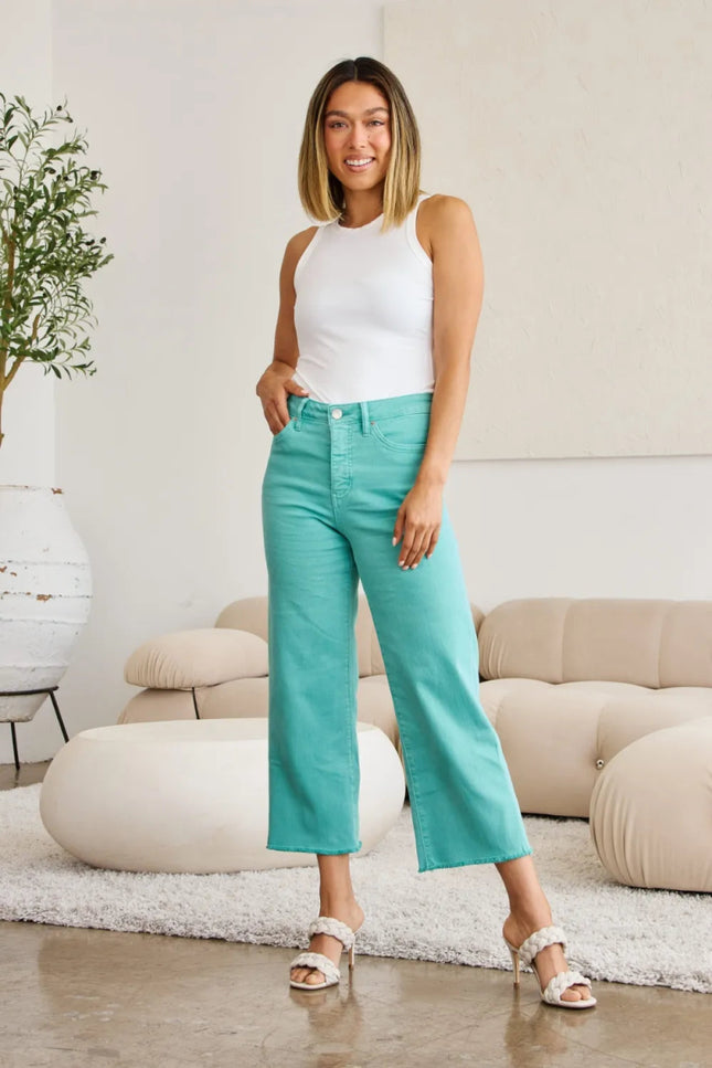 RFM Crop Chloe Full Size Tummy Control High Waist Raw Hem Jeans - THE AMERICAN BLUE