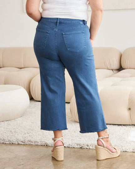 RFM Crop Chloe Full Size Tummy Control High Waist Raw Hem Jeans - THE AMERICAN BLUE