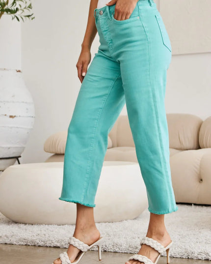 RFM Crop Chloe Full Size Tummy Control High Waist Raw Hem Jeans - THE AMERICAN BLUE
